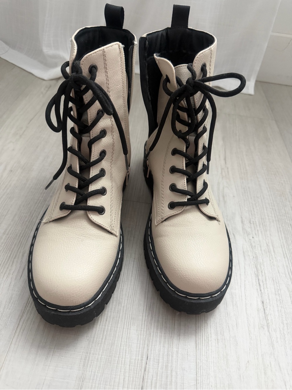 Women's Cream Lace-Up Combat Boots